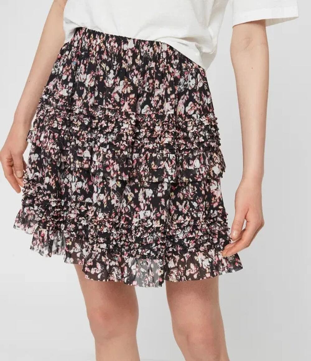 All Saints Mini Skirt Small Black Multi Printed Ruffle Sanse Freefall Punk Rock